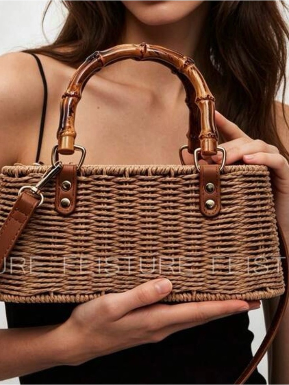 NWT Woven Bamboo-Handle Straw Tote in Brown